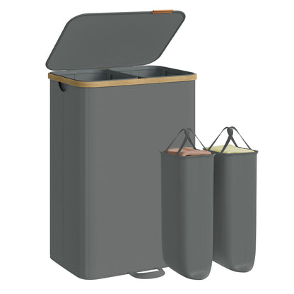 SONGMICS Laundry Hamper, Laundry Sorter with Lid, Storage Basket Bin, Removable Liners, Bamboo Frame, 2 Sections, 39.6 Gal. (150 L), Slate Gray