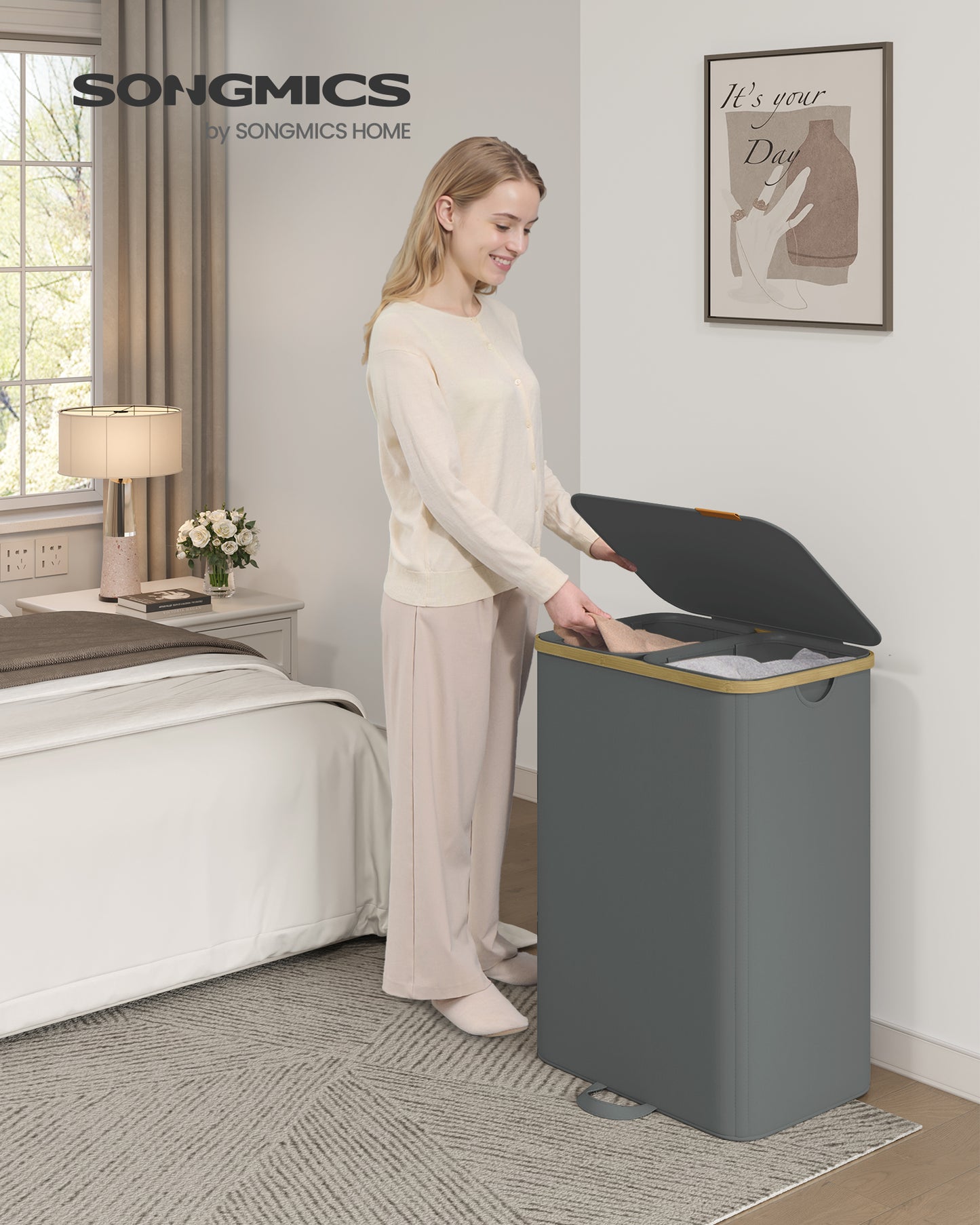 SONGMICS Laundry Hamper, Laundry Sorter with Lid, Storage Basket Bin, Removable Liners, Bamboo Frame, 2 Sections, 39.6 Gal. (150 L), Slate Gray