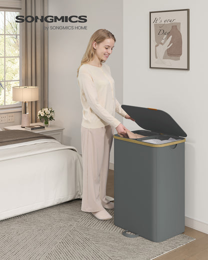 SONGMICS Laundry Hamper, Laundry Sorter with Lid, Storage Basket Bin, Removable Liners, Bamboo Frame, 2 Sections, 39.6 Gal. (150 L), Slate Gray