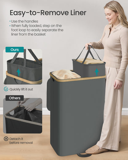 SONGMICS Laundry Hamper, Laundry Sorter with Lid, Storage Basket Bin, Removable Liners, Bamboo Frame, 2 Sections, 39.6 Gal. (150 L), Slate Gray