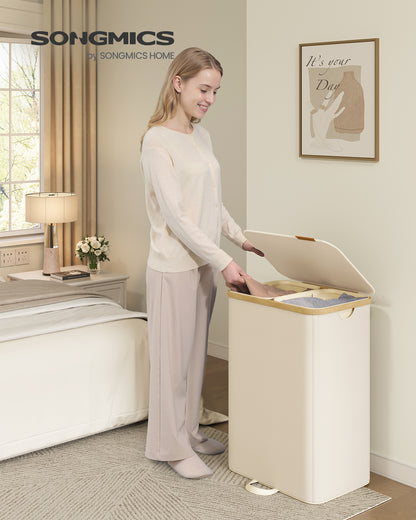SONGMICS Laundry Hamper, Laundry Sorter with Lid, Removable Liners, Bamboo Frame, 2 Sections, 39.6 Gal. (150 L), Cream White