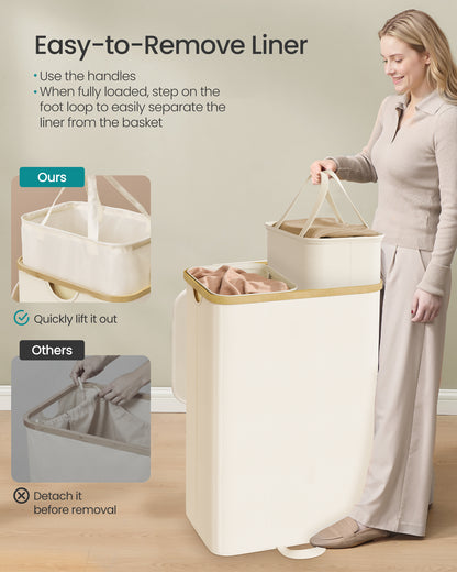 SONGMICS Laundry Hamper, Laundry Sorter with Lid, Removable Liners, Bamboo Frame, 2 Sections, 39.6 Gal. (150 L), Cream White