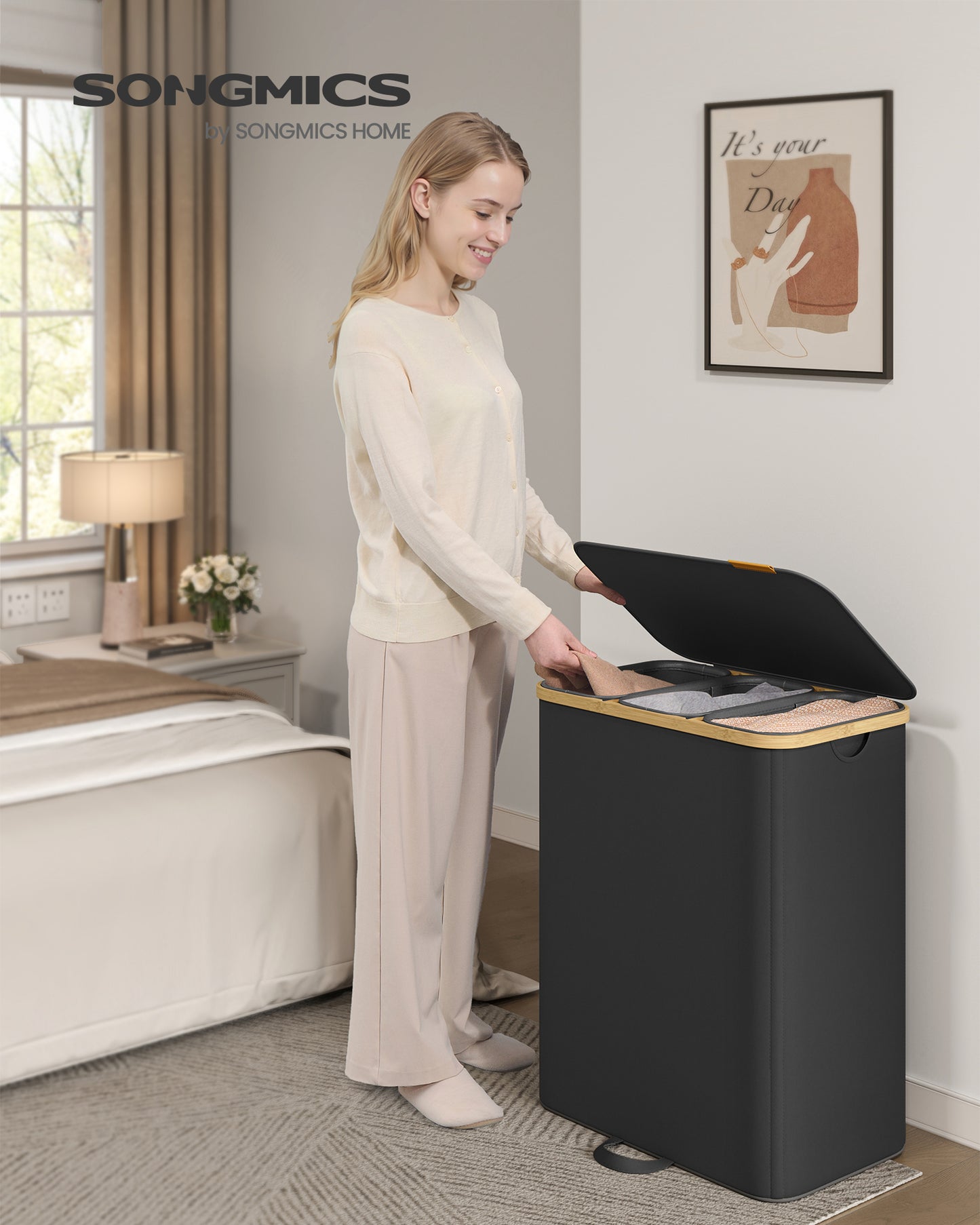 SONGMICS Laundry Hamper, Laundry Sorter with Lid, Storage Basket Bin, Removable Liners, Bamboo Frame, 3 Sections, 44.9 Gal. (170 L), Ink Black