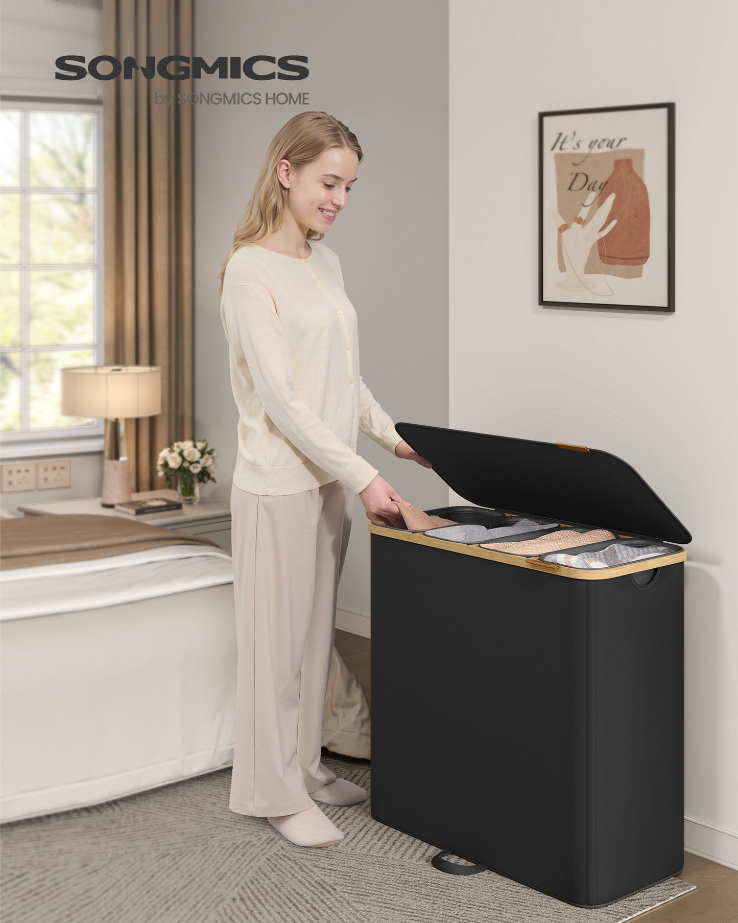 SONGMICS Laundry Hamper, Laundry Sorter with Lid, Storage Basket Bin, Removable Liners, Bamboo Frame, 4 Sections, 59.4 Gallon (225 L), Ink Black