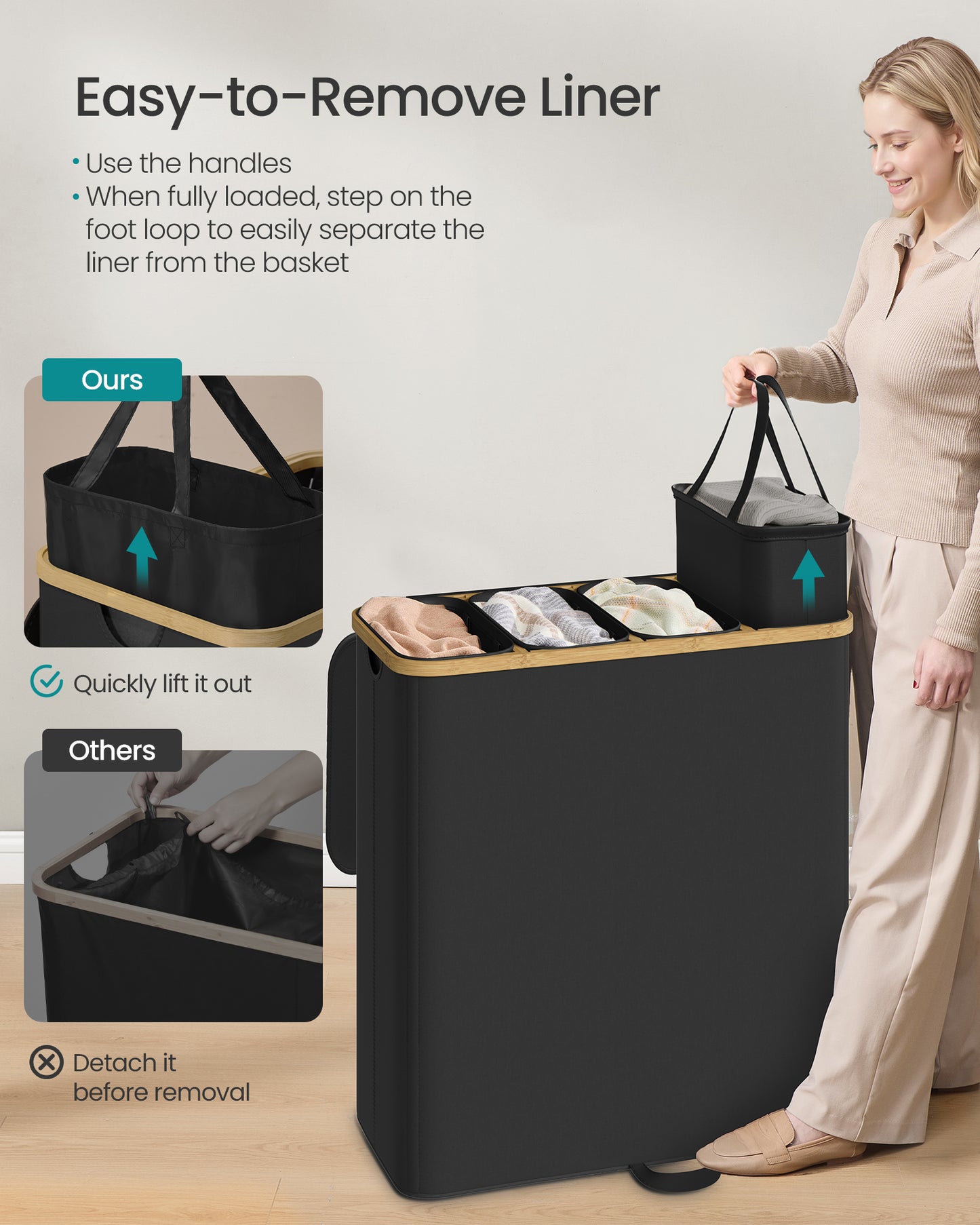 SONGMICS Laundry Hamper, Laundry Sorter with Lid, Storage Basket Bin, Removable Liners, Bamboo Frame, 4 Sections, 59.4 Gallon (225 L), Ink Black