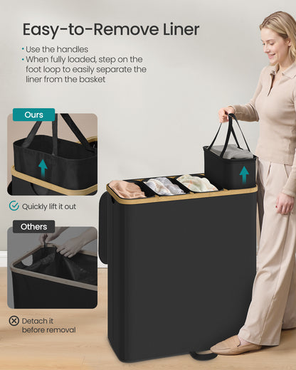 SONGMICS Laundry Hamper, Laundry Sorter with Lid, Storage Basket Bin, Removable Liners, Bamboo Frame, 4 Sections, 59.4 Gallon (225 L), Ink Black