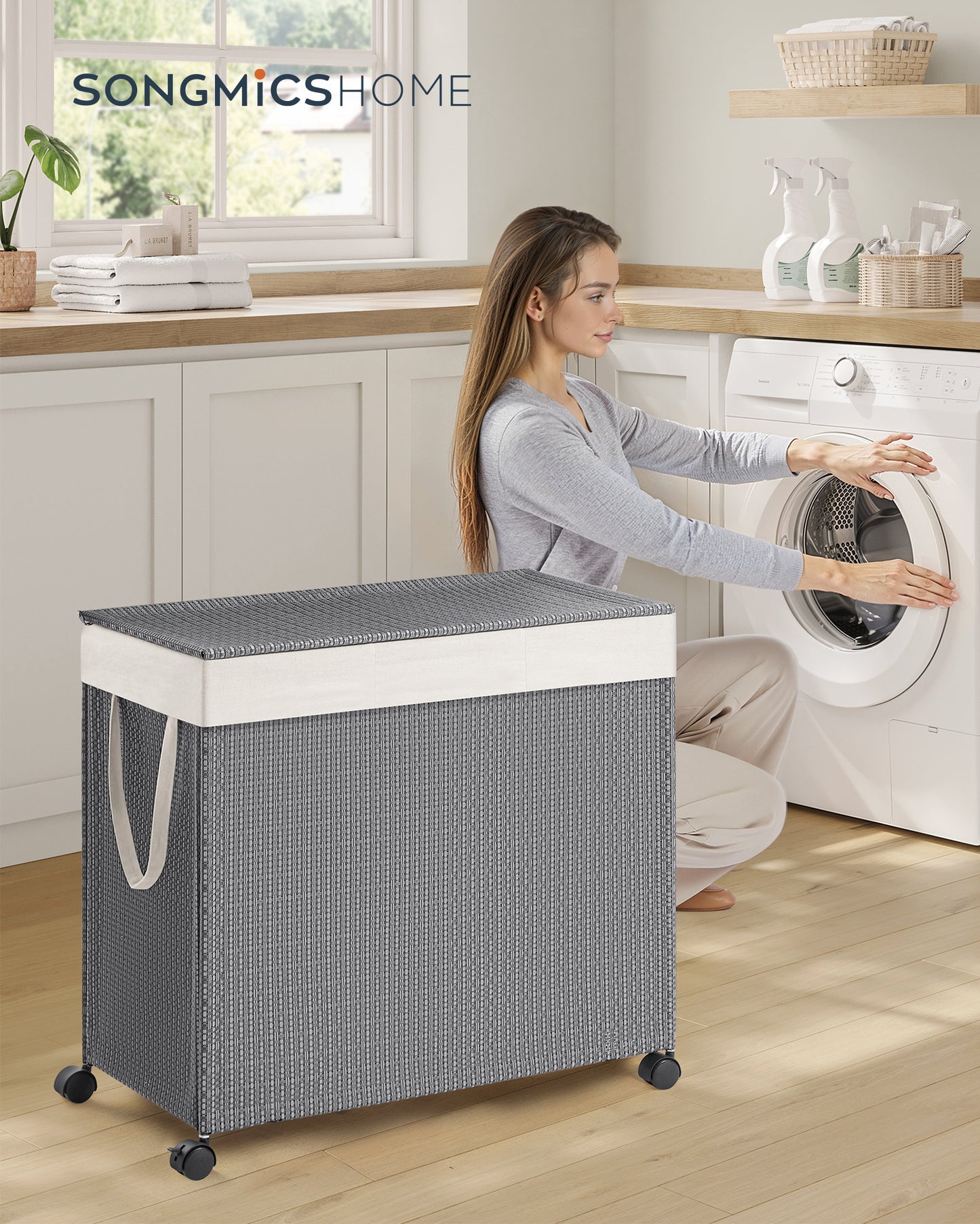 Dove Gray & Matte White Laundry Hamper - 3 - Compartment, 37 Gal Laundry Sorter on Wheels. Comes with Lid, Removable Liners with Handles