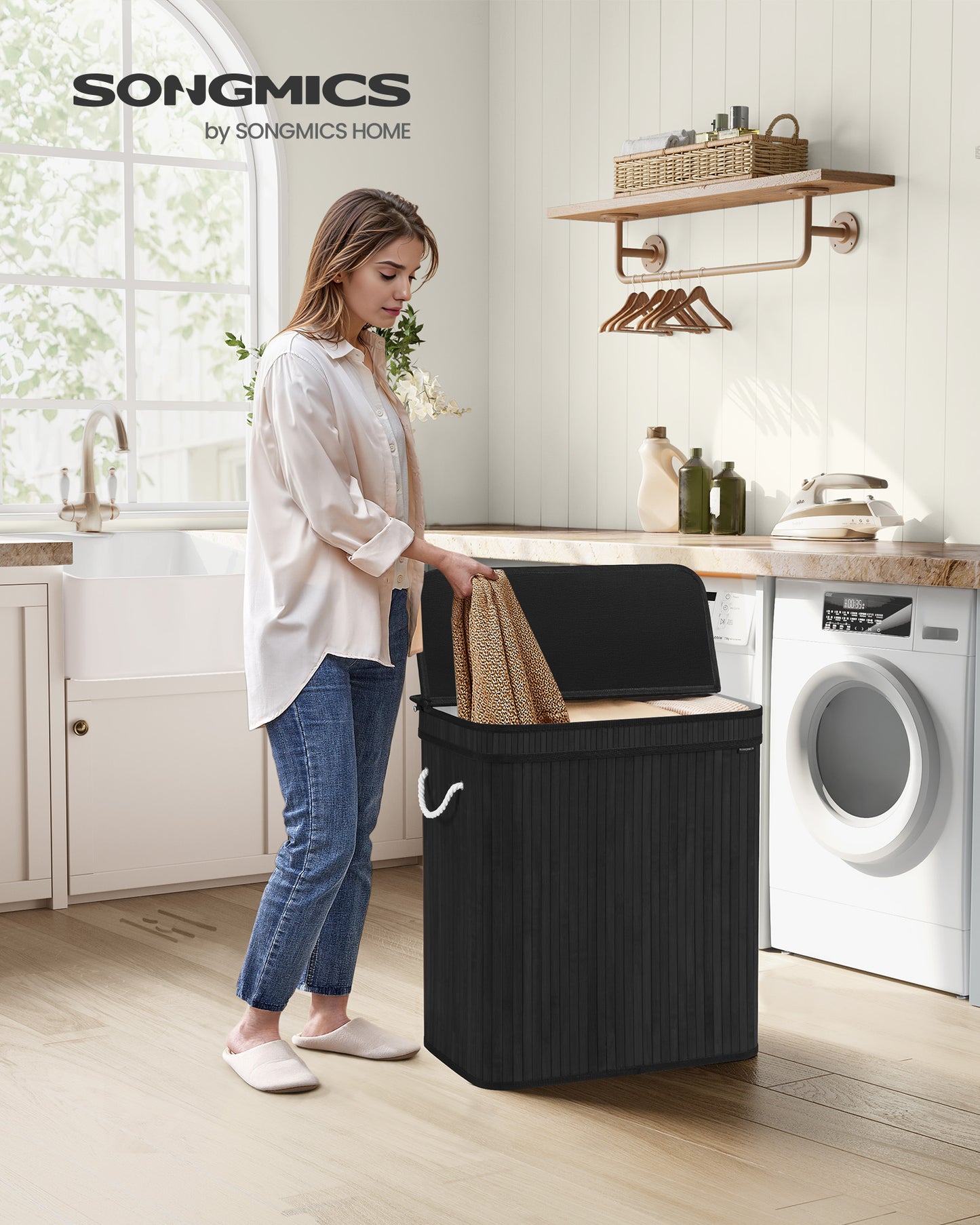 26.4-Gals Laundry Hamper Basket Bamboo Laundry Basket with Lid Removable Machine Washable Laundry Basket, with Handles Ink Black