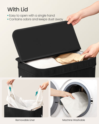 SONGMICS 100L Laundry Hamper with Lid Bamboo Laundry Basket with Liner Bag Foldable Storage Hamper Black