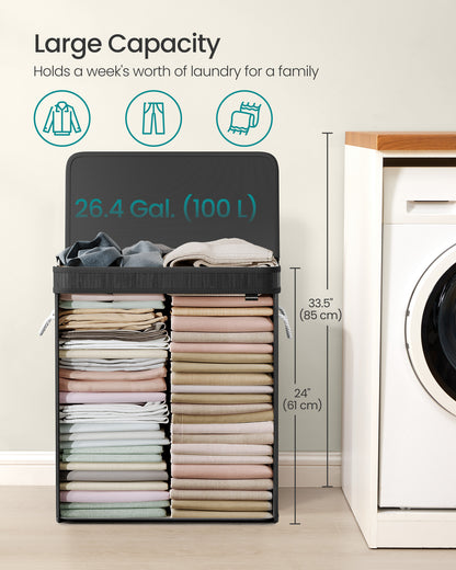 26.4-Gals Laundry Hamper Basket Bamboo Laundry Basket with Lid Removable Machine Washable Laundry Basket, with Handles Ink Black
