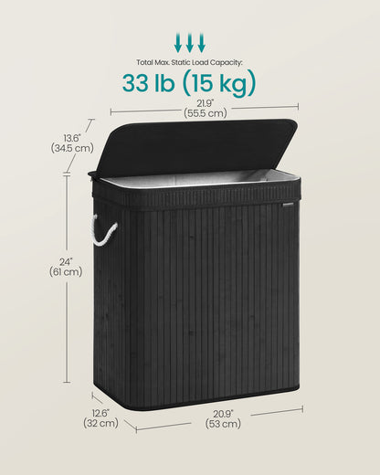 SONGMICS 100L Laundry Hamper with Lid Bamboo Laundry Basket with Liner Bag Foldable Storage Hamper Black