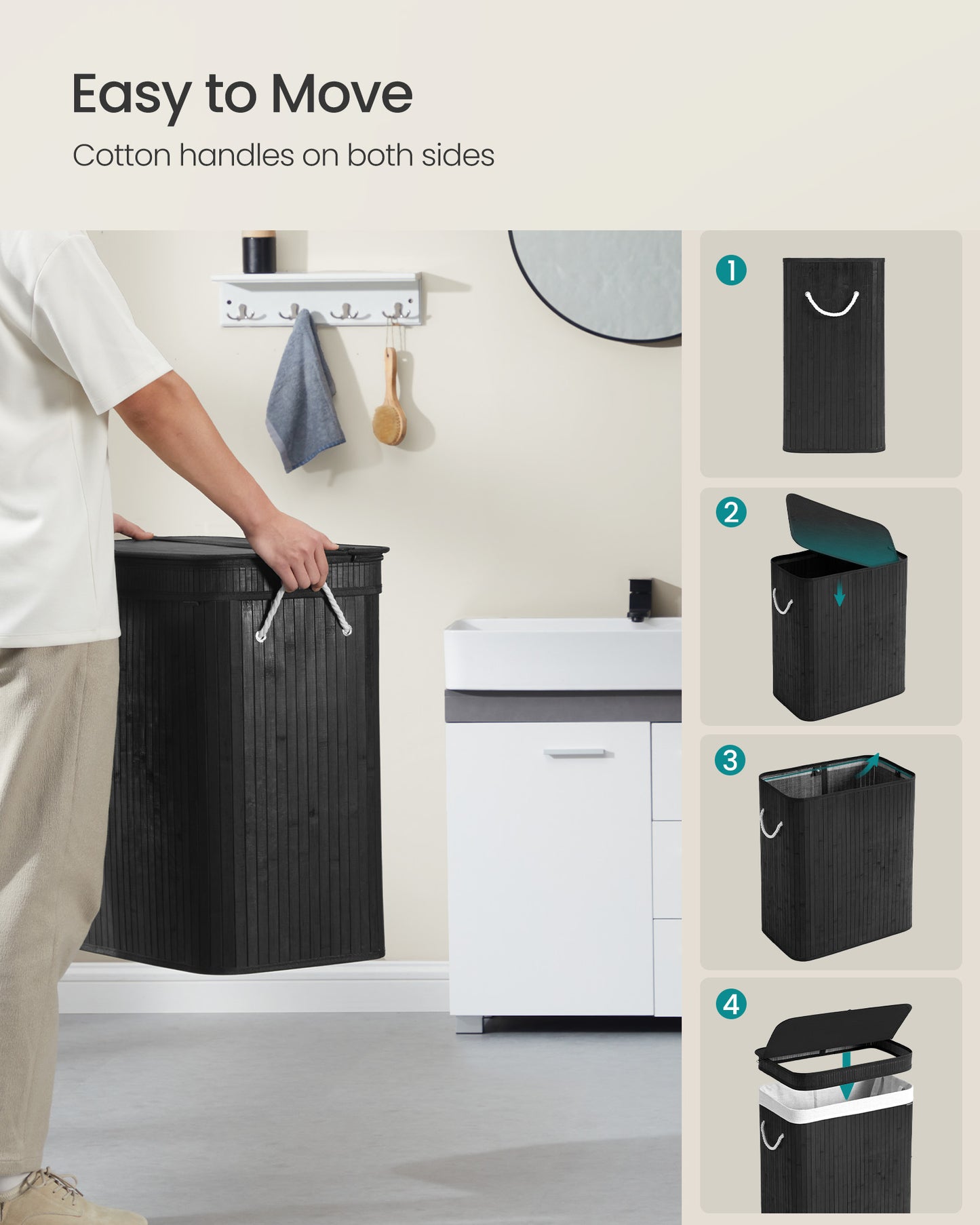 SONGMICS 100L Laundry Hamper with Lid Bamboo Laundry Basket with Liner Bag Foldable Storage Hamper Black