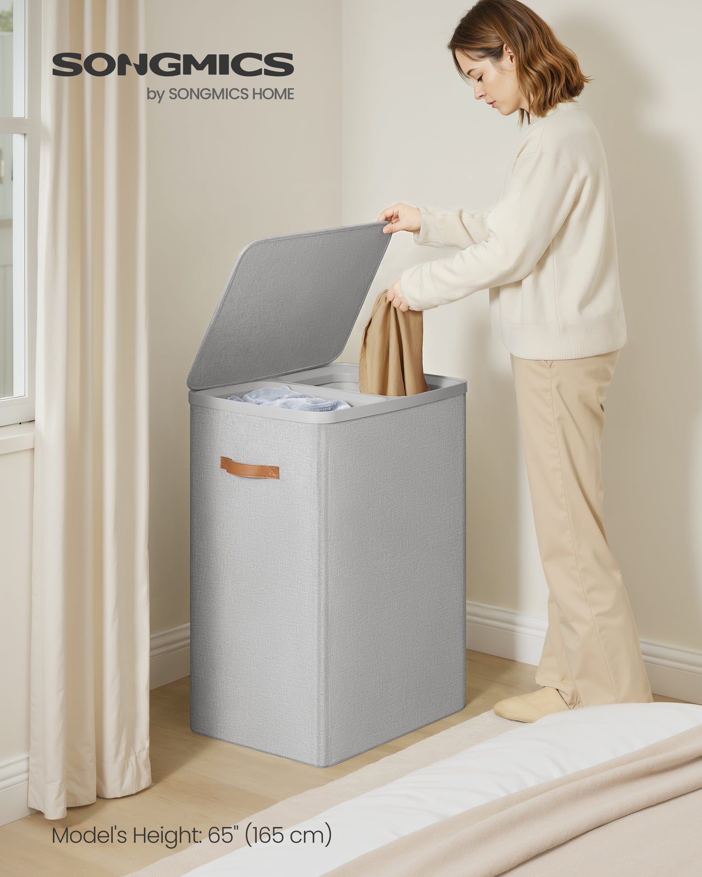 44.9 Gal Large Laundry Hamper with Lid, 2 Compartment Dirty Clothes Basket, Removable Inner Bags & Handles, 22x15.7x29.5 Inches, Dove Gray