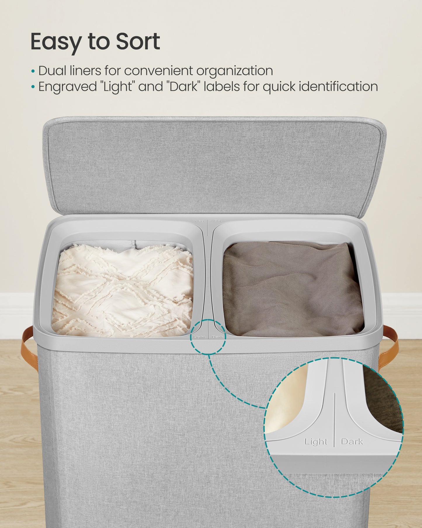 44.9 Gal Large Laundry Hamper with Lid, 2 Compartment Dirty Clothes Basket, Removable Inner Bags & Handles, 22x15.7x29.5 Inches, Dove Gray
