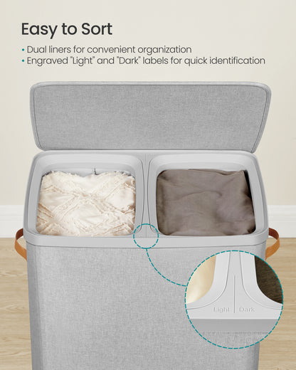 44.9 Gal Large Laundry Hamper with Lid, 2 Compartment Dirty Clothes Basket, Removable Inner Bags & Handles, 22x15.7x29.5 Inches, Dove Gray