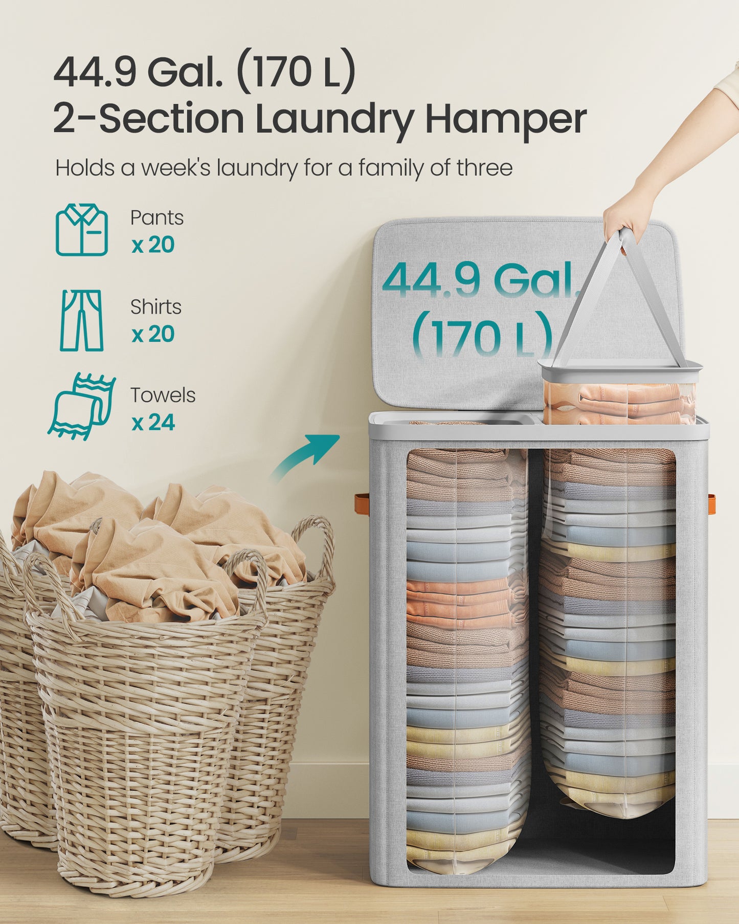 44.9 Gal Large Laundry Hamper with Lid, 2 Compartment Dirty Clothes Basket, Removable Inner Bags & Handles, 22x15.7x29.5 Inches, Dove Gray
