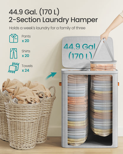 44.9 Gal Large Laundry Hamper with Lid, 2 Compartment Dirty Clothes Basket, Removable Inner Bags & Handles, 22x15.7x29.5 Inches, Dove Gray