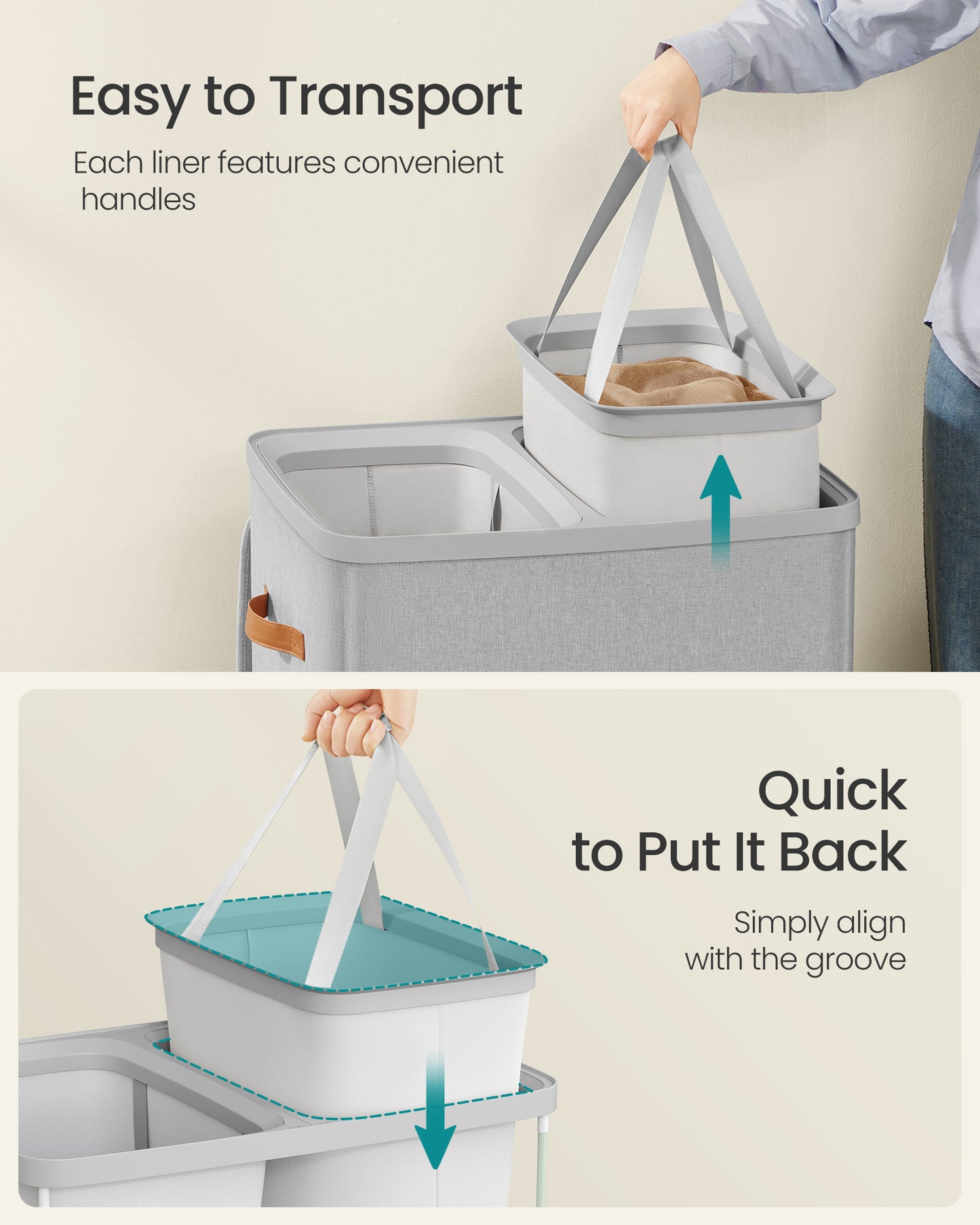 44.9 Gal Large Laundry Hamper with Lid, 2 Compartment Dirty Clothes Basket, Removable Inner Bags & Handles, 22x15.7x29.5 Inches, Dove Gray