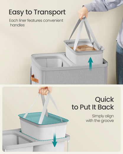44.9 Gal Large Laundry Hamper with Lid, 2 Compartment Dirty Clothes Basket, Removable Inner Bags & Handles, 22x15.7x29.5 Inches, Dove Gray