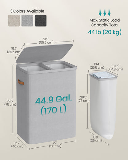 44.9 Gal Large Laundry Hamper with Lid, 2 Compartment Dirty Clothes Basket, Removable Inner Bags & Handles, 22x15.7x29.5 Inches, Dove Gray