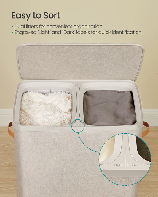 Laundry Basket, 44.9 Gal. Laundry Hamper, 2 Compartments, Easy Assembly, with Lid and Handles, Removable Inner Bags, 22 x 15.7 x 29.5 Inches, Cappuccino Beige