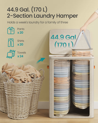 Laundry Basket, 44.9 Gal. Laundry Hamper, 2 Compartments, Easy Assembly, with Lid and Handles, Removable Inner Bags, 22 x 15.7 x 29.5 Inches, Cappuccino Beige