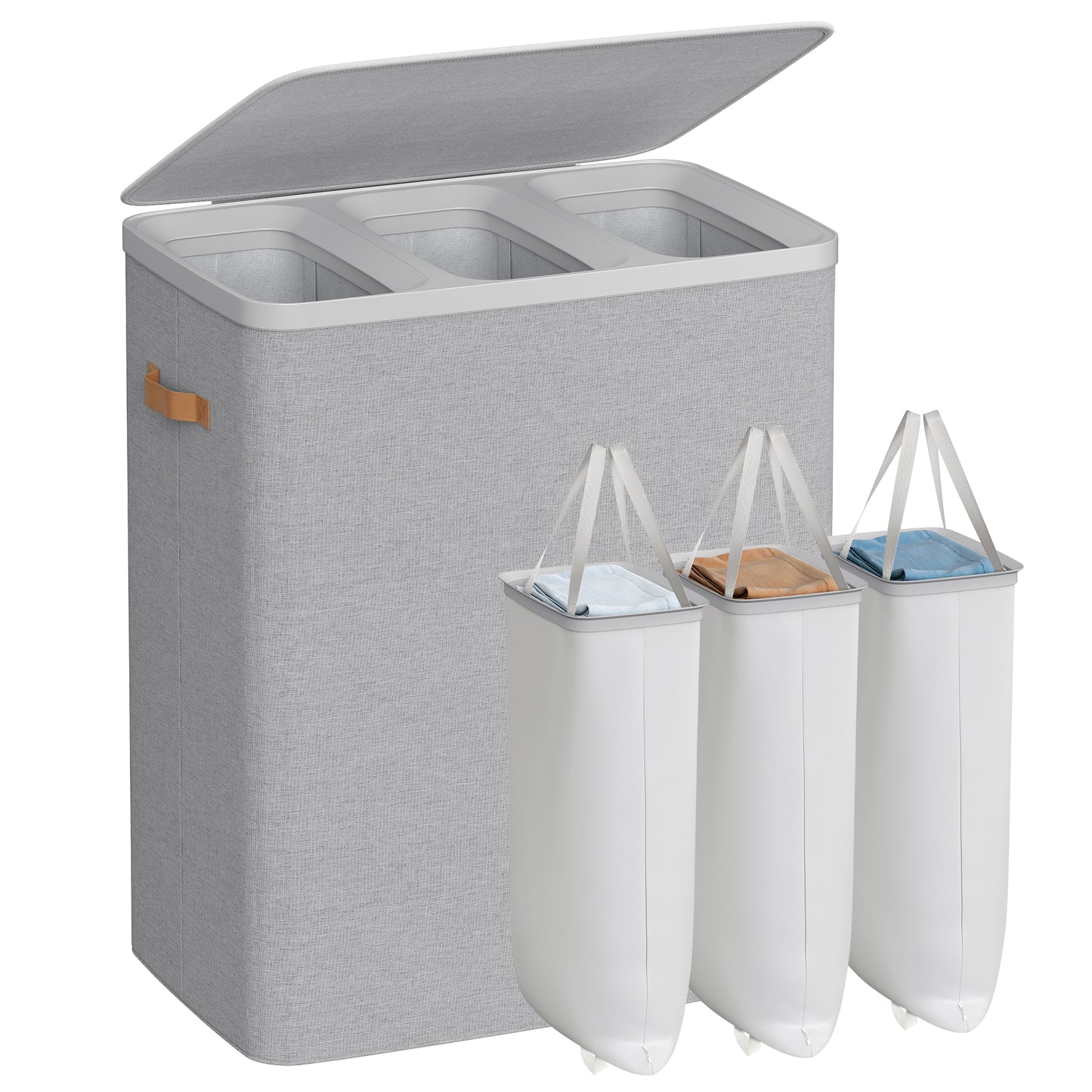 Laundry Hamper, 50.2 Gal 3-Compartment Basket with Lid & Removable Liners, for Whole Family Laundry Sorting, Dove Gray