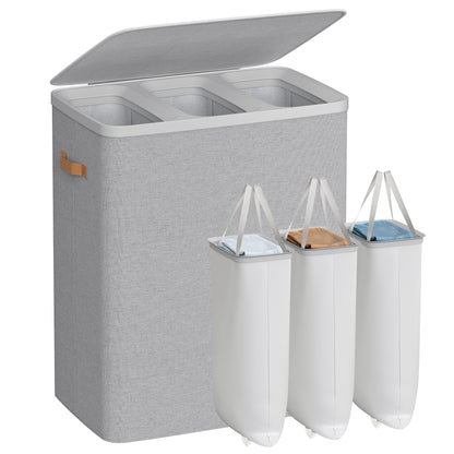 Laundry Hamper, 50.2 Gal 3-Compartment Basket with Lid & Removable Liners, for Whole Family Laundry Sorting, Dove Gray