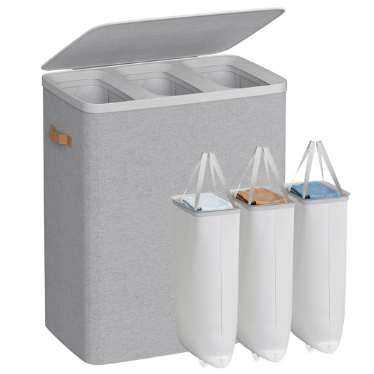 Laundry Hamper, 50.2 Gal 3-Compartment Basket with Lid & Removable Liners, for Whole Family Laundry Sorting, Dove Gray