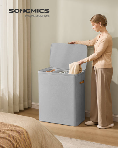 Laundry Hamper, 50.2 Gal 3-Compartment Basket with Lid & Removable Liners, for Whole Family Laundry Sorting, Dove Gray