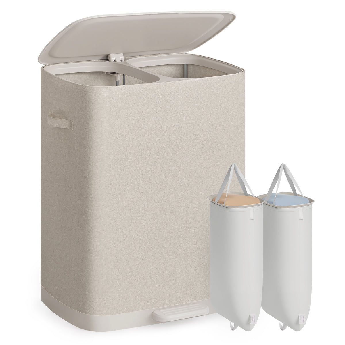 SONGMICS Laundry Hamper with Pedal and Lid, 2 Sections Clothes Sorter, Removable Liner Bags, 160 L, 22 x 15.9 x 29.5 Inch, Light Beige, for Laundry Room, Brosi Collection