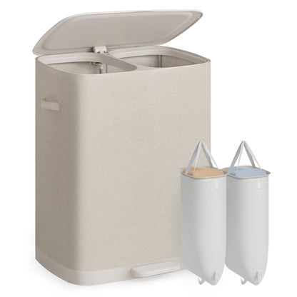 SONGMICS Laundry Hamper with Pedal and Lid, 2 Sections Clothes Sorter, Removable Liner Bags, 160 L, 22 x 15.9 x 29.5 Inch, Light Beige, for Laundry Room, Brosi Collection