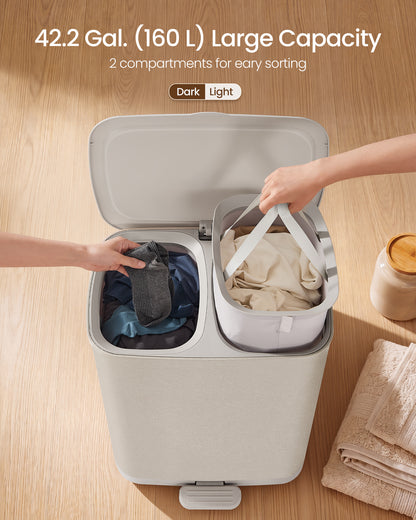 SONGMICS Laundry Hamper with Pedal and Lid, 2 Sections Clothes Sorter, Removable Liner Bags, 160 L, 22 x 15.9 x 29.5 Inch, Light Beige, for Laundry Room, Brosi Collection