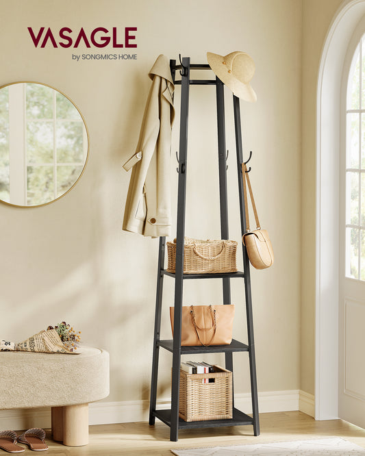 Coat Rack, Coat Stand with 3 Shelves, Hall Tree Free Standing with Hooks for Scarves, Bags, Umbrellas, Steel Frame, Industrial Style, for Entryway, Living Room