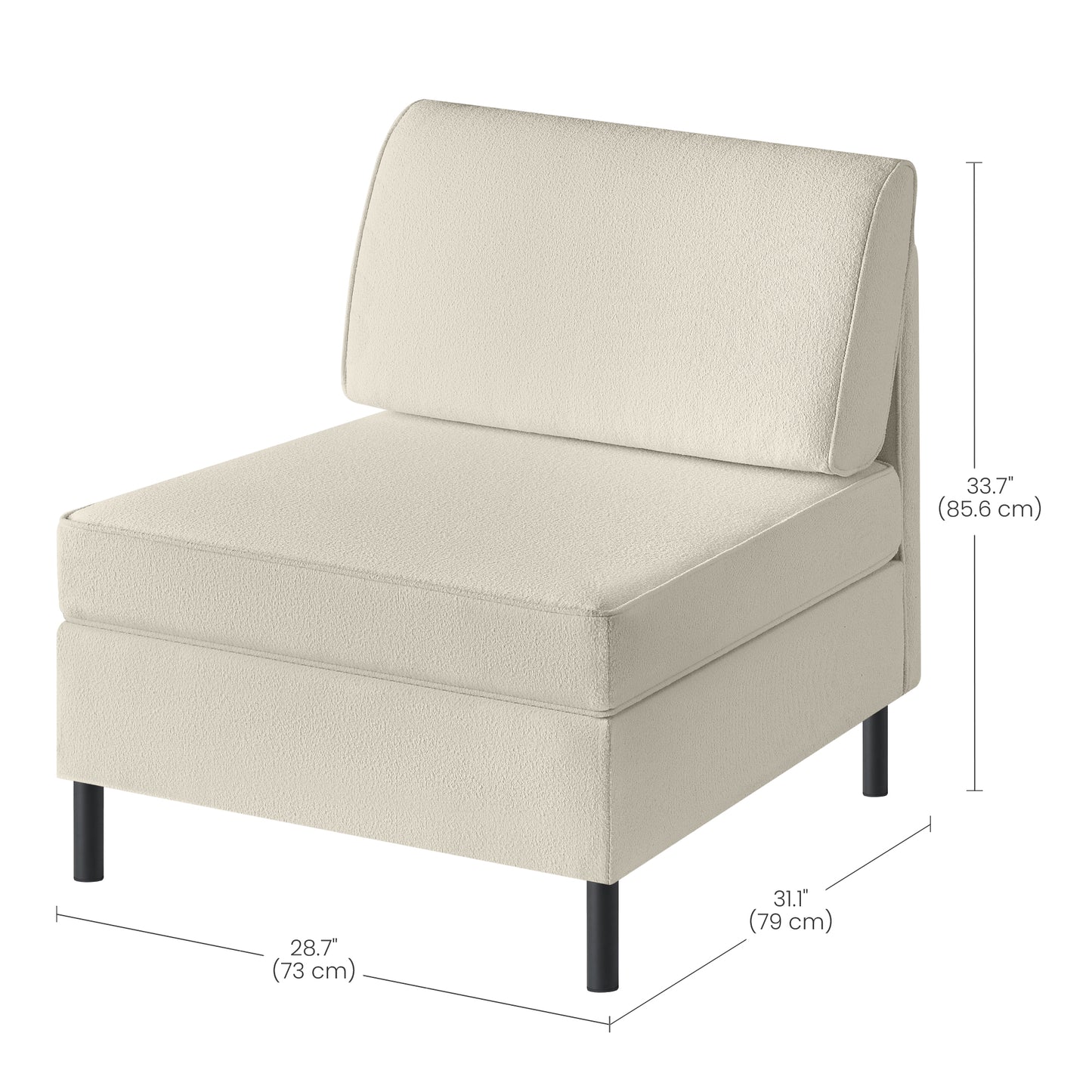 HOME COMBIE Collection - Middle Module for Modular Sectional Sofa, Single Sofa, 1-Seater, Accent Armless Chair, Deep Seat, Tall Legs, Modern Style, Cream White