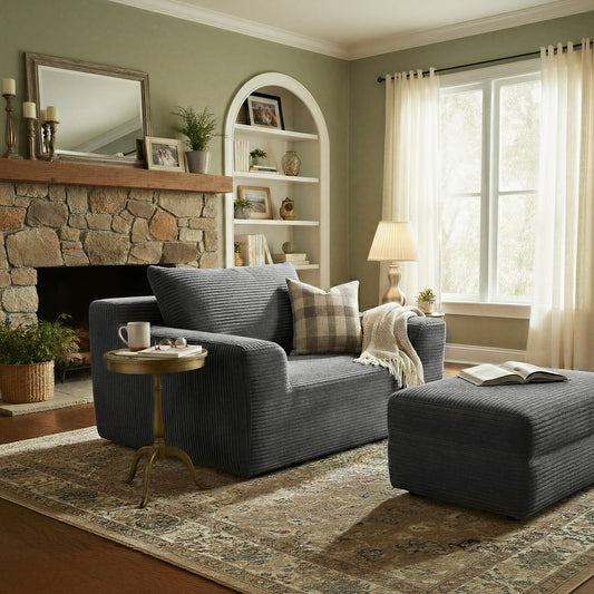 51.2 Inch Single Sofa Chair, No-Assembly Compression Armchair with Wide Seat & Corduroy Upholstery, 287 lb Capacity for Living Room Dorm, Slate Grey