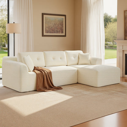 VASAGLE 108.3 Inches Boneless Couch with Chaise, with Deep Seat, L-Shape Corduroy Sofa for Living Room, Right-Facing Chaise, Cream White