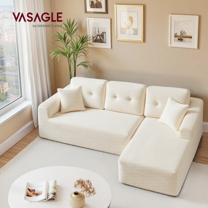 VASAGLE 108.3 Inches Boneless Couch with Chaise, with Deep Seat, L-Shape Corduroy Sofa for Living Room, Right-Facing Chaise, Cream White