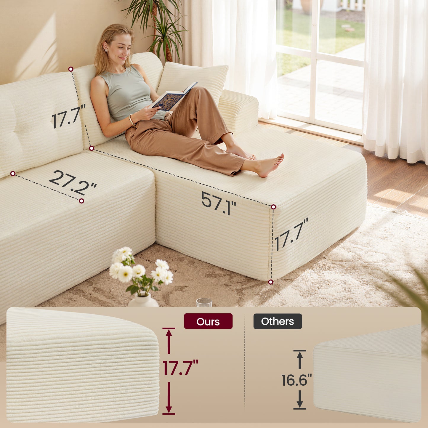 VASAGLE 108.3 Inches Boneless Couch with Chaise, with Deep Seat, L-Shape Corduroy Sofa for Living Room, Right-Facing Chaise, Cream White