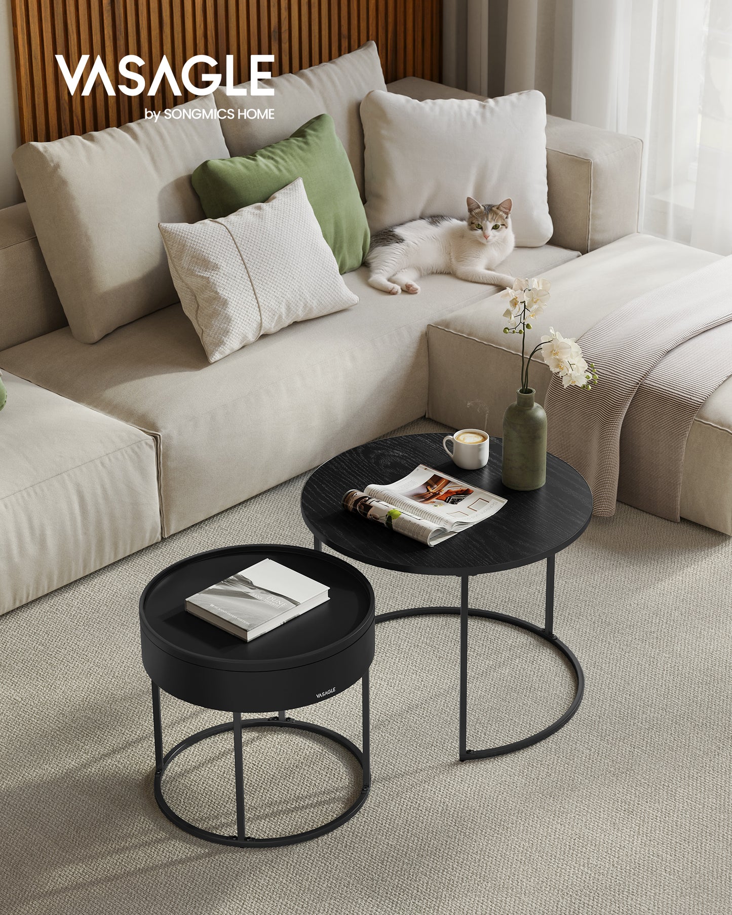 Round Coffee Tables, Set of 2 Nesting Tables, Modern Round Side Tables with Hidden Storage and Top Tray, for Living Room, Bedroom, Office, Ebony Black and Ink Black