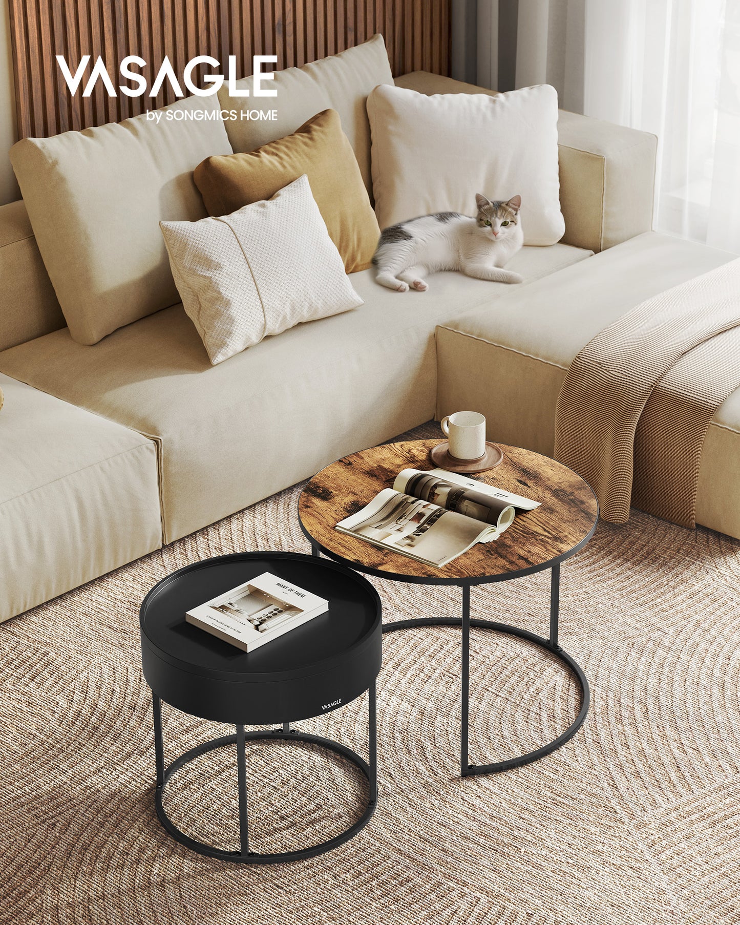 Round Coffee Tables, Set of 2 Nesting Tables, Modern Round Side Tables with Hidden Storage and Top Tray, for Living Room, Bedroom, Office, Rustic Brown and Ink Black