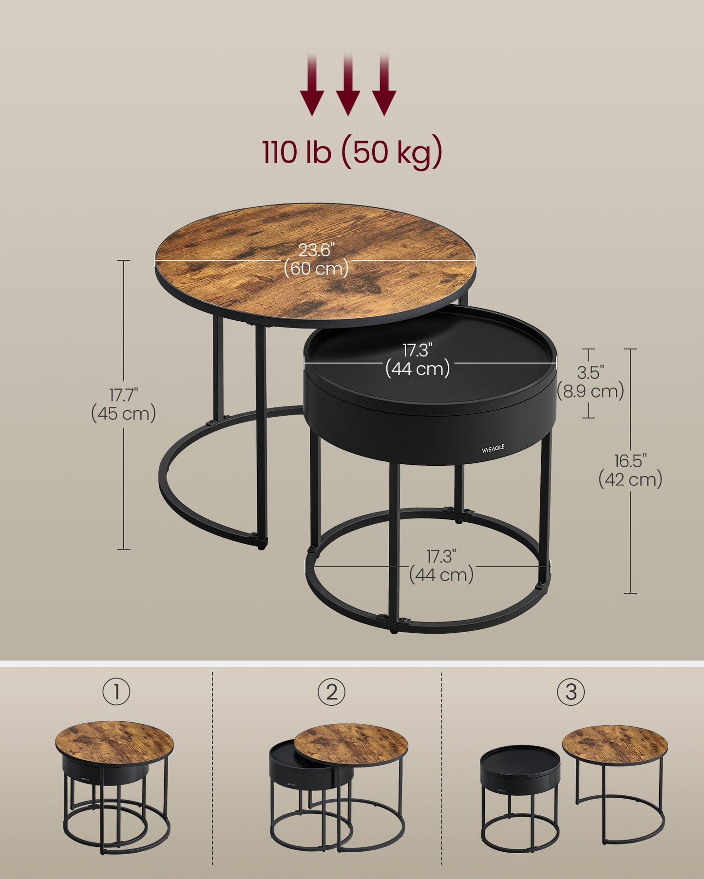 Round Coffee Tables, Set of 2 Nesting Tables, Modern Round Side Tables with Hidden Storage and Top Tray, for Living Room, Bedroom, Office, Rustic Brown and Ink Black