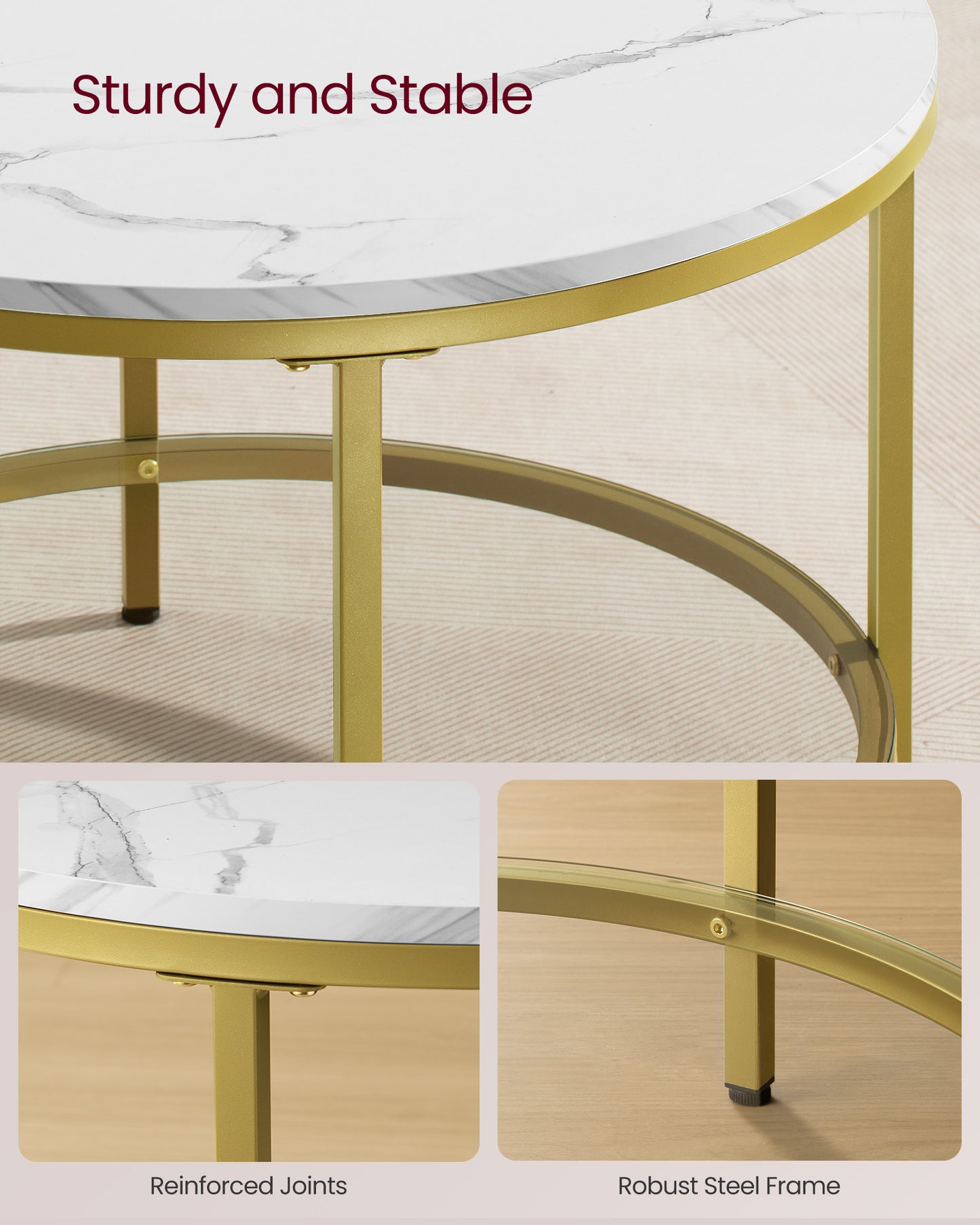 Round Coffee Table, 2-Tier Small Coffee Table with Faux Marble Top and Glass Shelf, Modern Style, for Living Room, 25.6 x 25.6 x 18.1 Inches, Marble White and Pale Gold