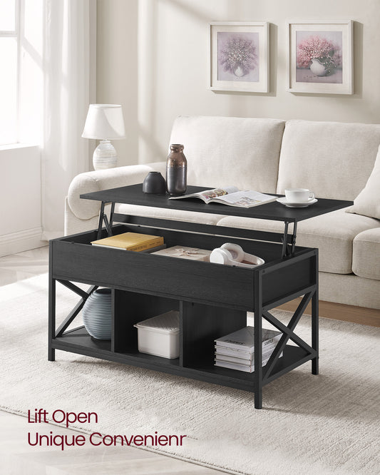 Lift Top Coffee Table, Lift Coffee Table with Storage Shelf, Hidden Compartments and Lifting Top, for Living Room, Office, 19.7 x 39.4 x (19.3-24.4) Inches, Black with Wood Grain