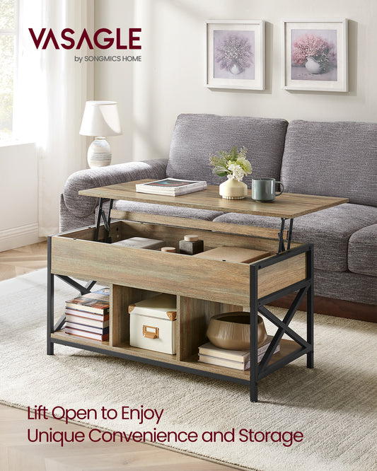 Lift Top Coffee Table, Lift Coffee Table with Storage Shelf, Hidden Compartments and Lifting Top, for Living Room, Office, 19.7 x 39.4 x (19.3-24.4) Inches, Oak with Blue Grains