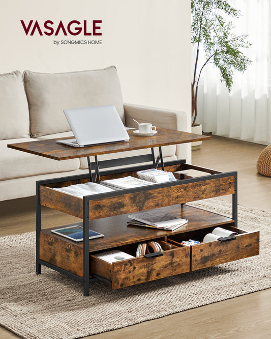 Lift Top Coffee Table with Storage Drawers, Coffee Table for Living Room with Lifting Top, Hidden Compartments and Open Shelf, Rustic Brown and Ink Black