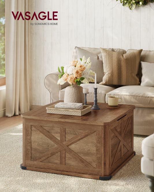 Farmhouse Coffee Table with Storage, Square Coffee Table for Living Room, Center Table with Flip-Top Lids, Honey Brown