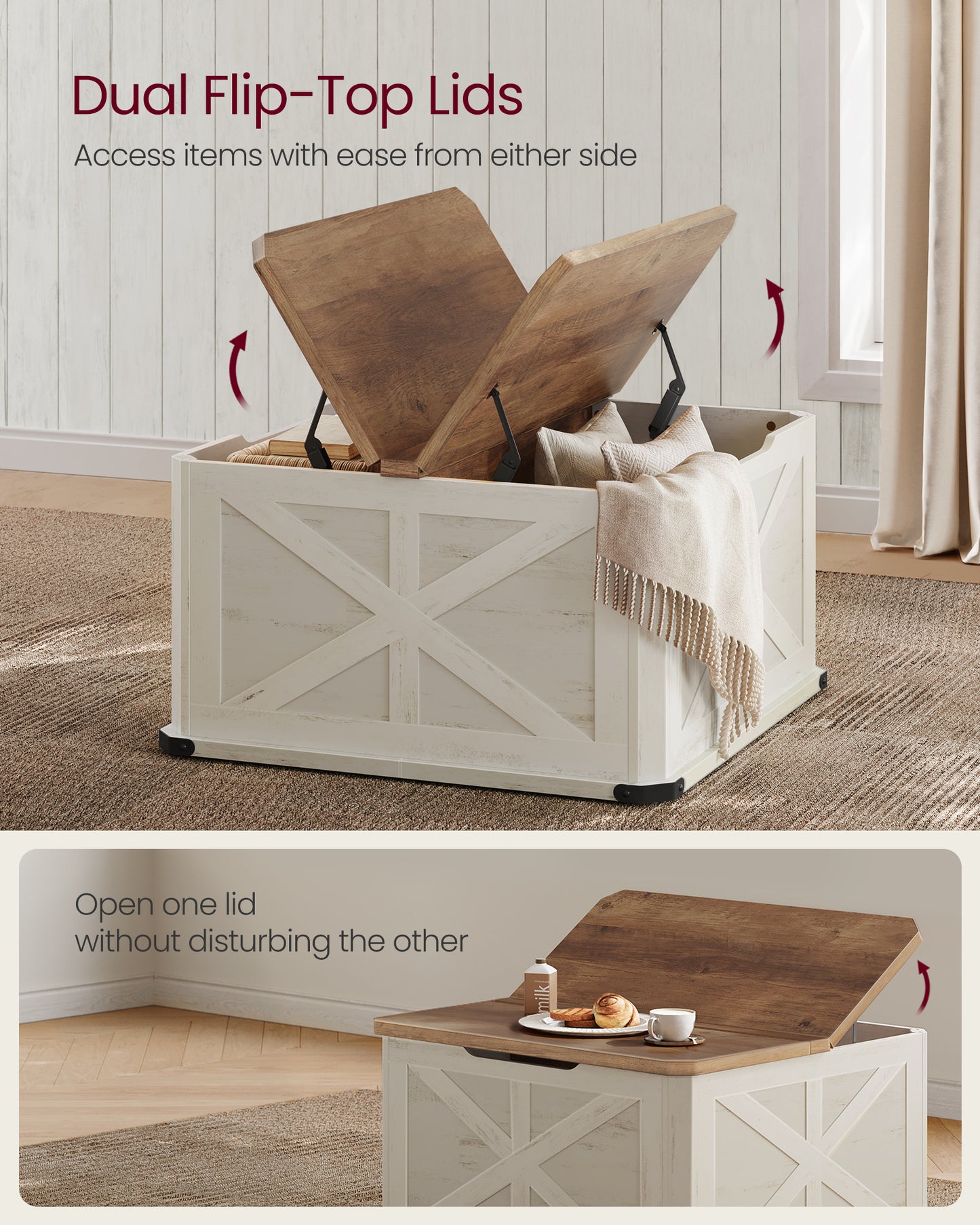 Farmhouse Coffee Table with Storage, Square Coffee Table for Living Room, Center Table with Flip-Top Lids, Honey Brown and Rustic White