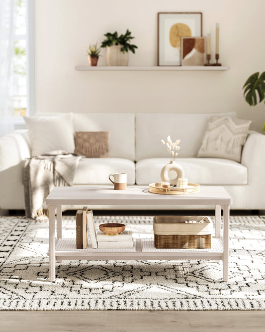 2-Tier Coffee Table for Living Room, Rectangular Living Room Table, with PVC Rattan Storage Shelf, Rounded Corners, Easy Assembly, Boho Style, 21.7 x 39.4 x 17.7 Inches, Oatmeal Beige