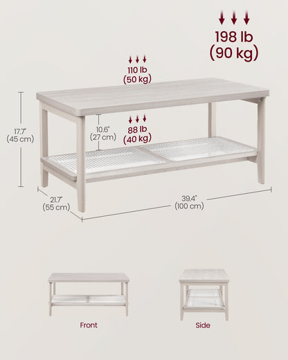 2-Tier Coffee Table for Living Room, Rectangular Living Room Table, with PVC Rattan Storage Shelf, Rounded Corners, Easy Assembly, Boho Style, 21.7 x 39.4 x 17.7 Inches, Oatmeal Beige